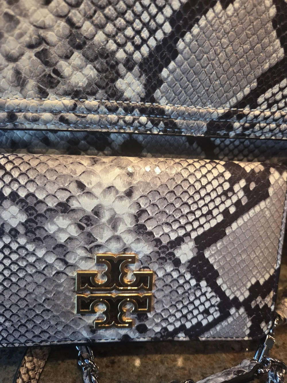 Tory Burch Snake-Print Chain Crossbody Bag And Wallett in Gray